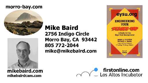 Mike Baird business card Morro Bay, Los Altos Incubator, EYSU, mikebaird.com